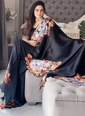 Black floral embroidered satin saree 4