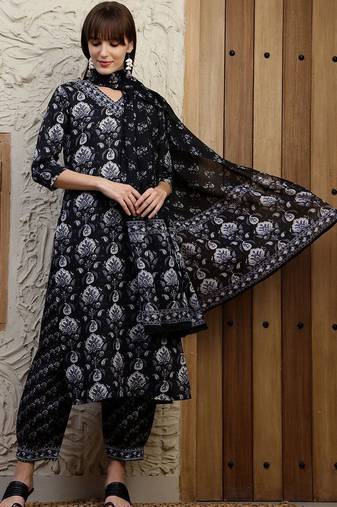 women ethnic motifs printed regular kurta with pyjamas & with dupatta