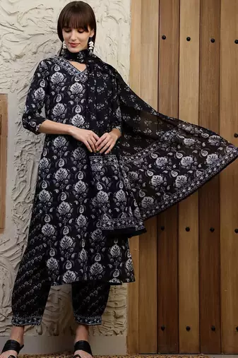 women ethnic motifs printed regular kurta with pyjamas & with dupatta