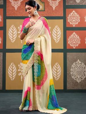 Off white tie and dye embroidered  chiffon designer bandhani saree 1