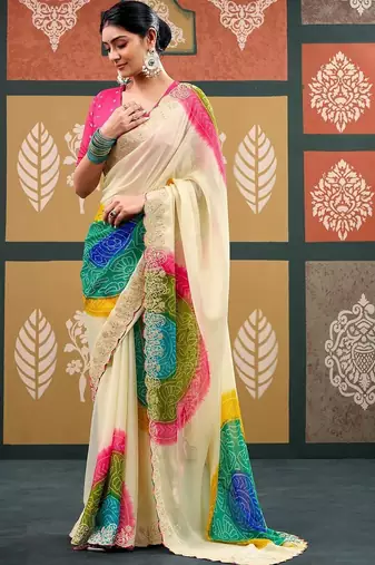 Off white tie and dye embroidered  chiffon designer bandhani saree