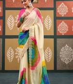 Off white tie and dye embroidered  chiffon designer bandhani saree