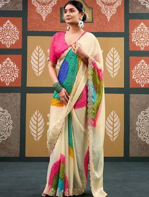 Off white tie and dye embroidered  chiffon designer bandhani saree 2
