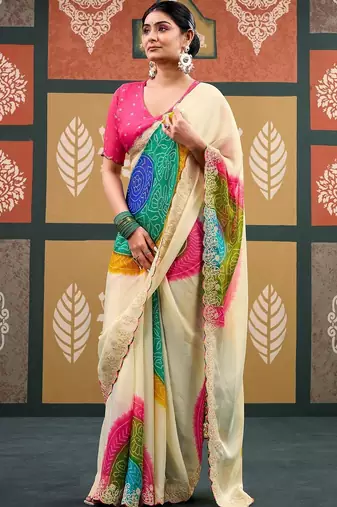 Off white tie and dye embroidered  chiffon designer bandhani saree