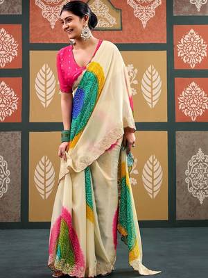 Off white tie and dye embroidered  chiffon designer bandhani saree 3