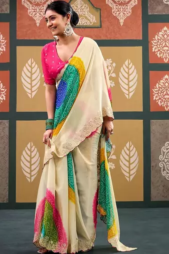 Off white tie and dye embroidered  chiffon designer bandhani saree