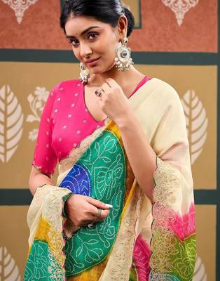Off white tie and dye embroidered  chiffon designer bandhani saree 4