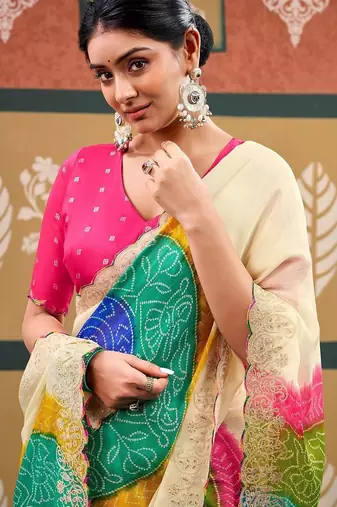 Off white tie and dye embroidered  chiffon designer bandhani saree
