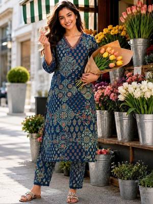women ethnic motifs printed regular  cotton kurta with trousers 1