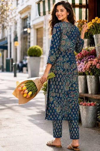 women ethnic motifs printed regular  cotton kurta with trousers