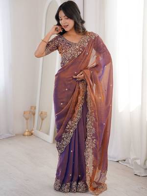 Purple embellished embroidered satin heavy work saree 1