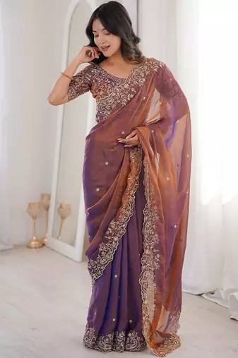 Purple embellished embroidered satin heavy work saree