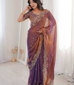 Purple embellished embroidered satin heavy work saree