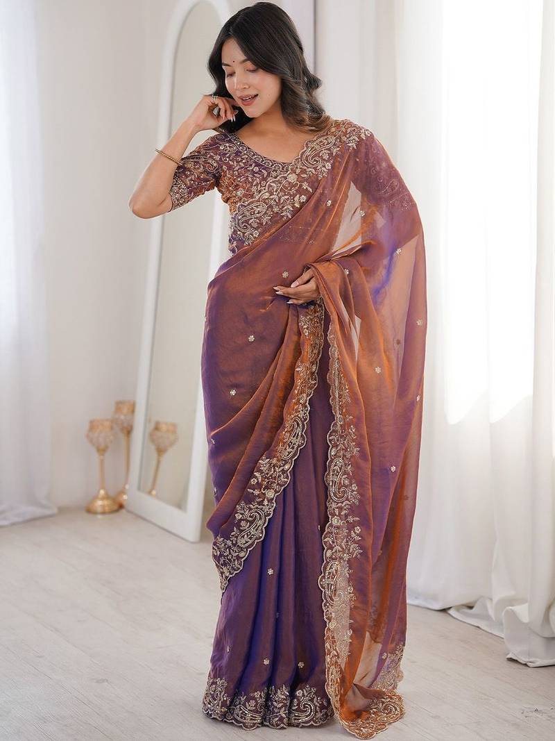 Purple embellished embroidered satin heavy work saree