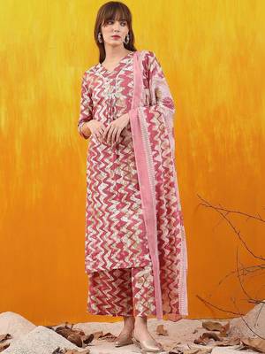 women ethnic motifs printed regular thread work kurta with palazzos & with dupatta 1