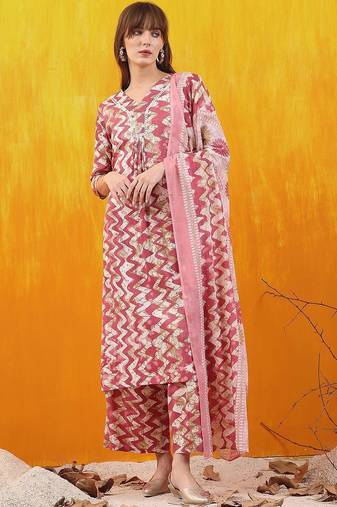 women ethnic motifs printed regular thread work kurta with palazzos & with dupatta