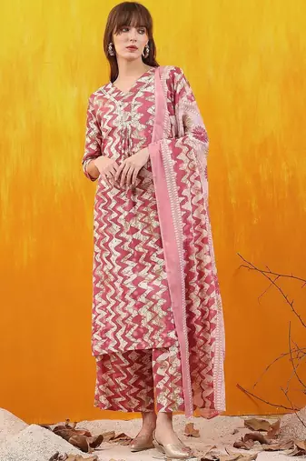 women ethnic motifs printed regular thread work kurta with palazzos & with dupatta