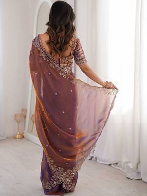 Purple embellished embroidered satin heavy work saree 2