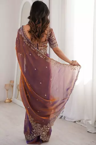 Purple embellished embroidered satin heavy work saree