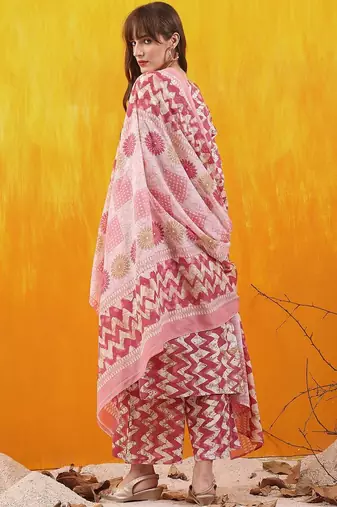 women ethnic motifs printed regular thread work kurta with palazzos & with dupatta