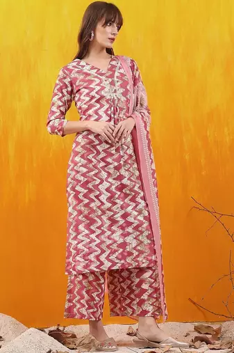 women ethnic motifs printed regular thread work kurta with palazzos & with dupatta