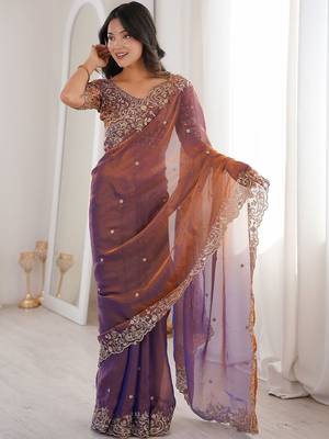 Purple embellished embroidered satin heavy work saree 3