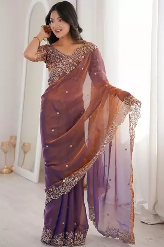 Purple embellished embroidered satin heavy work saree
