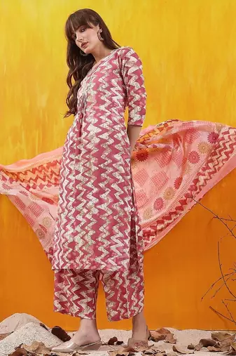 women ethnic motifs printed regular thread work kurta with palazzos & with dupatta
