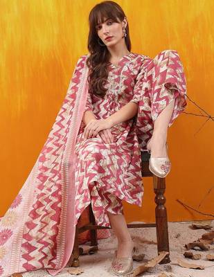 women ethnic motifs printed regular thread work kurta with palazzos & with dupatta 7