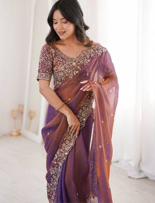 Purple embellished embroidered satin heavy work saree 4