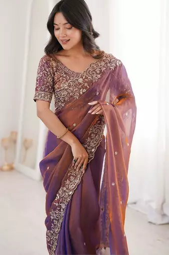 Purple embellished embroidered satin heavy work saree