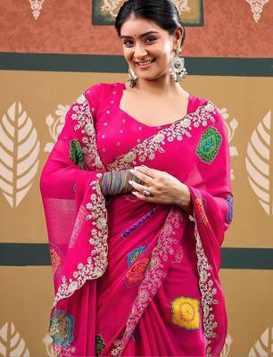 Pink bandhani sequinned  chiffon designer bandhani saree 1