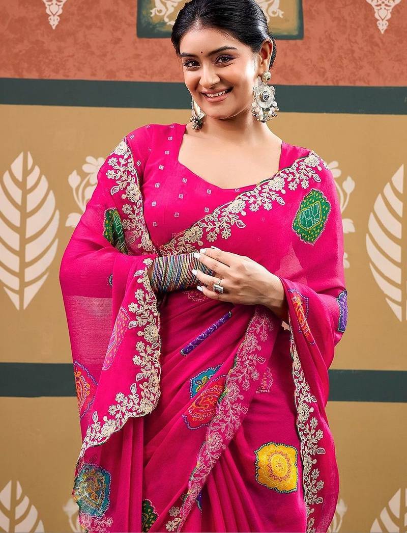 Pink bandhani sequinned  chiffon designer bandhani saree