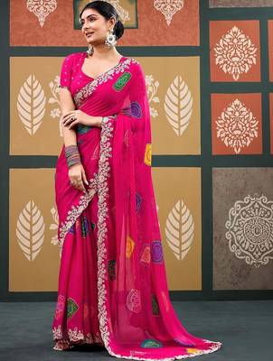 Pink bandhani sequinned  chiffon designer bandhani saree 2