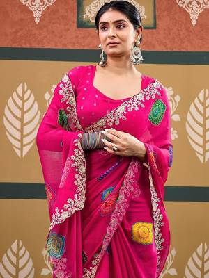 Pink bandhani sequinned  chiffon designer bandhani saree 4