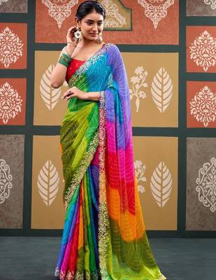 Multicolor tie and dye embroidered  chiffon designer bandhani saree 1