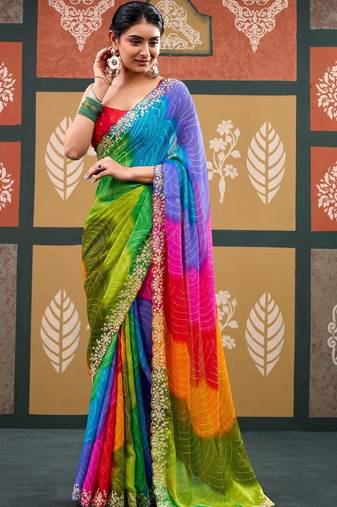 Multicolor tie and dye embroidered  chiffon designer bandhani saree