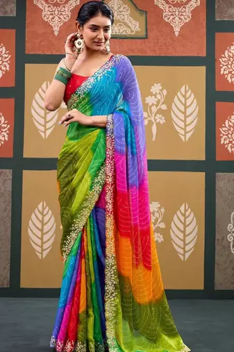 Multicolor tie and dye embroidered  chiffon designer bandhani saree