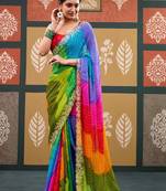 Multicolor tie and dye embroidered  chiffon designer bandhani saree