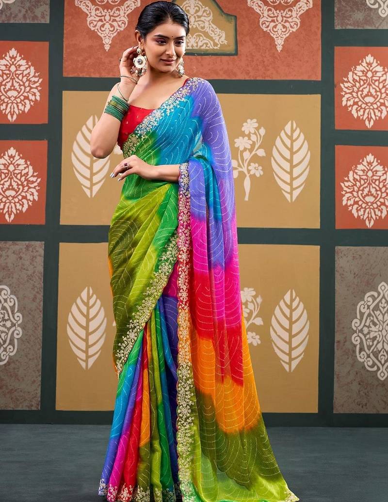 Multicolor tie and dye embroidered  chiffon designer bandhani saree