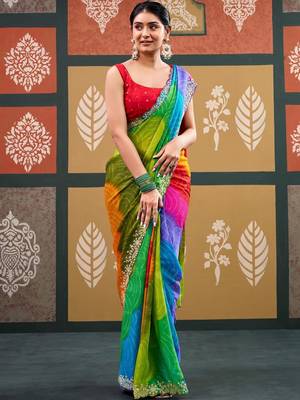 Multicolor tie and dye embroidered  chiffon designer bandhani saree 2