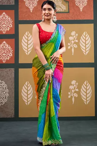 Multicolor tie and dye embroidered  chiffon designer bandhani saree