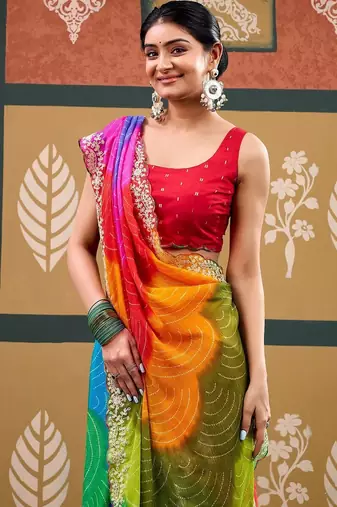 Multicolor tie and dye embroidered  chiffon designer bandhani saree