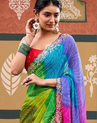 Multicolor tie and dye embroidered  chiffon designer bandhani saree 4