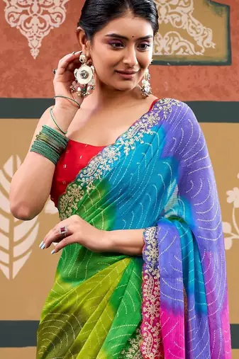 Multicolor tie and dye embroidered  chiffon designer bandhani saree