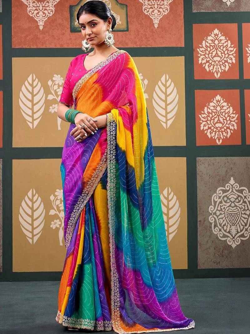 Multicolor tie and dye embroidered  chiffon designer bandhani saree