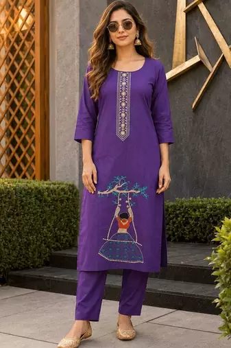 women ethnic motifs embroidered regular thread work kurta with trousers