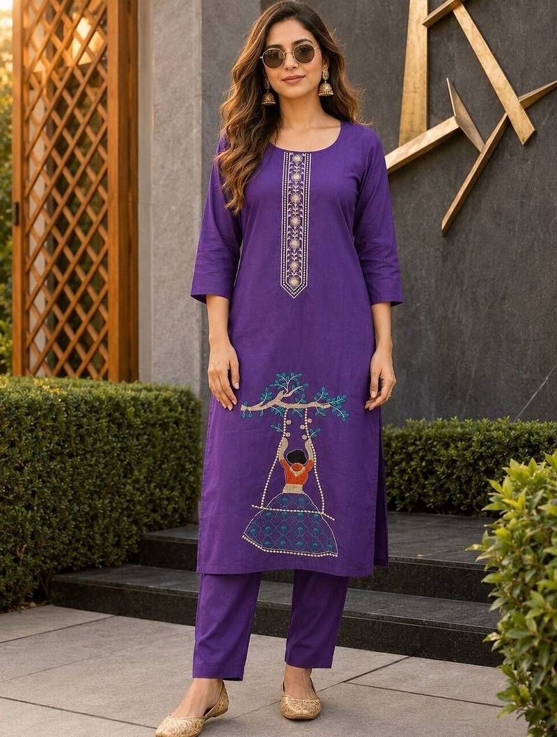 women ethnic motifs embroidered regular thread work kurta with trousers