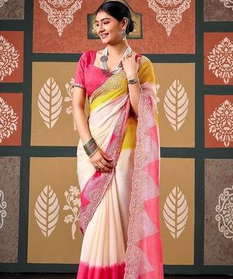 Off white tie and dye embroidered poly chiffon designer bandhani saree 1