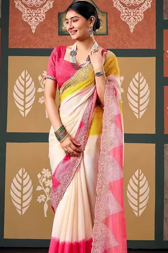 Off white tie and dye embroidered poly chiffon designer bandhani saree
